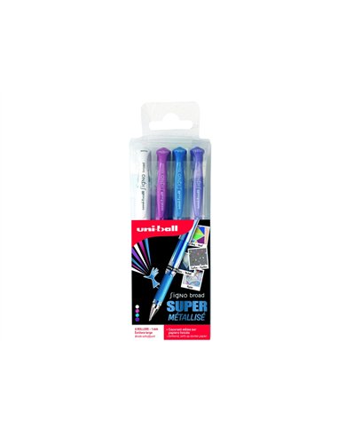 Pochette uniball signo roller encre gel ecriture large broad creatif or / argent / blanc / bronze 4 unites.