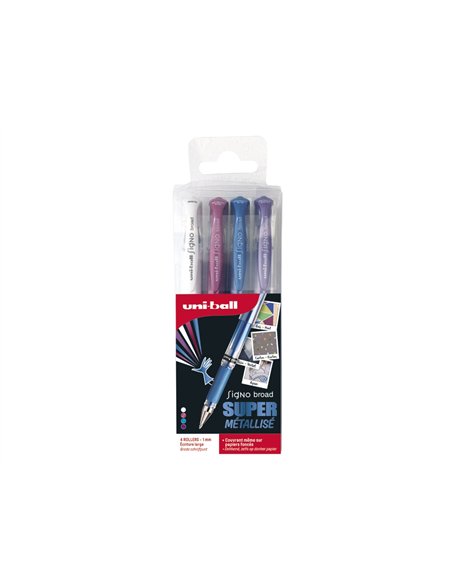 Pochette uniball signo roller encre gel ecriture large broad creatif coloris blanc / bleu rose violet metal 4.