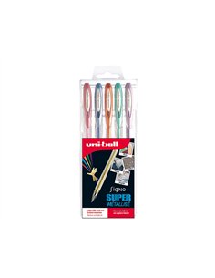Roller uniball signo broad encre gel ecriture moyenne couleurs assorties metallisee pochette de 5.