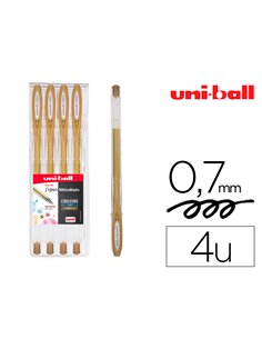 Roller uniball signo encre gel resistant pointe moyenne trace 0,7mm coloris metallise or pochette de 4un.