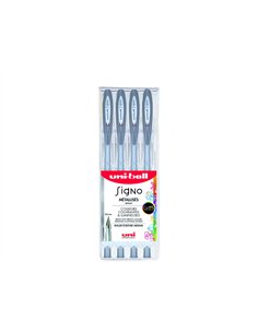 Roller uniball signo encre gel resistant pointe moyenne trace 0,7mm coloris metallise argent pochette de 4un.
