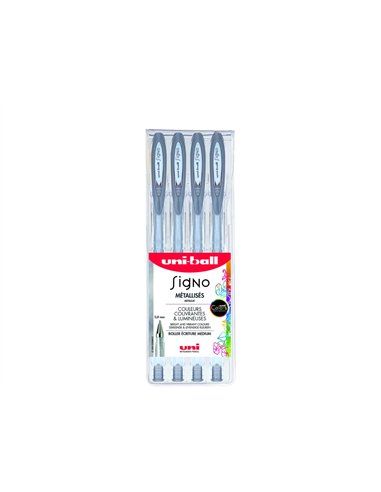 Roller uniball signo encre gel resistant pointe moyenne trace 0,7mm coloris metallise argent pochette de 4un.