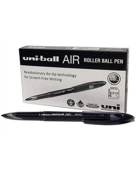 Roller uniball air encre liquide résistante pointe moyenne tracé 0.5mm coloris noir.