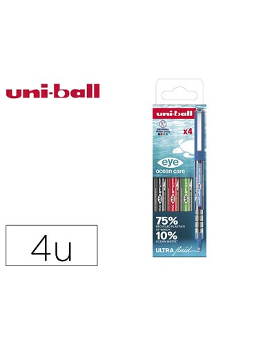 Roller uniball ocean care ecriture moyenne pointe 0,7mm encre liquide coloris assortis pochette 4 unites.