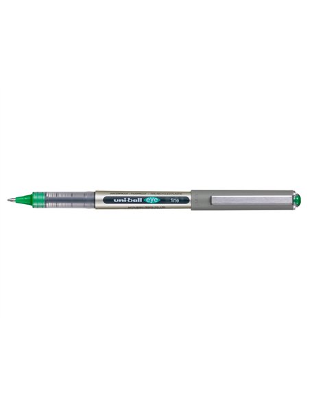 Roller uniball eye plastique recycle encre liquide ecriture moyenne pointe metal coloris vert.