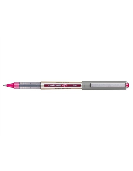 Roller uniball eye plastique recycle encre liquide ecriture moyenne pointe metal coloris pourpre.