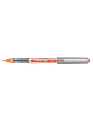 Roller uniball eye plastique recycle encre liquide ecriture moyenne pointe metal coloris orange.