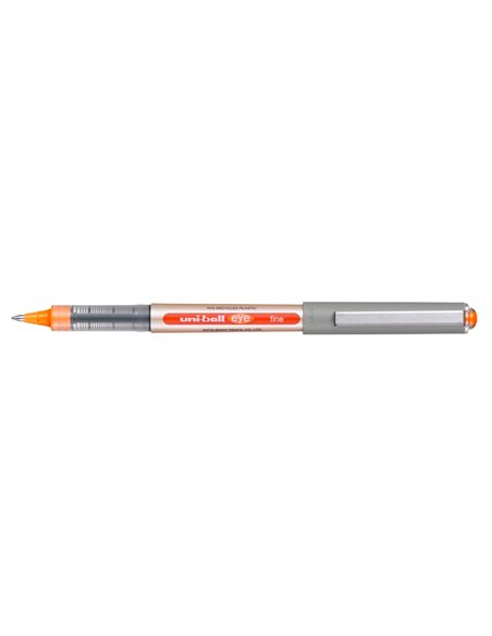 Roller uniball eye plastique recycle encre liquide ecriture moyenne pointe metal coloris orange.