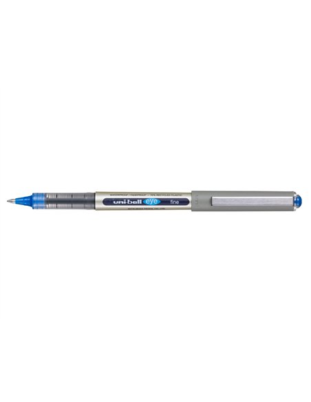Roller uniball eye plastique recycle encre liquide ecriture moyenne pointe metal coloris bleu.