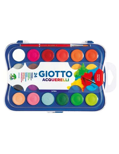 Coffret Giotto de 24 aquarelles 30 mm + pinceau - Couleurs vives, intenses et éclatantes - Haute couvrance - Couleurs assorties