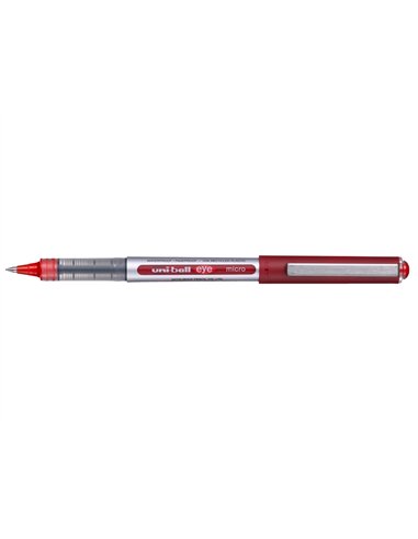 Roller uniball eye plastique recycle encre liquide ecriture fine pointe metal coloris rouge.
