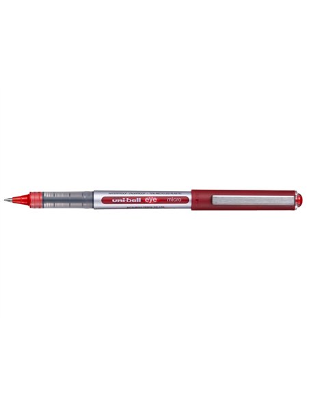Roller uniball eye plastique recycle encre liquide ecriture fine pointe metal coloris rouge.