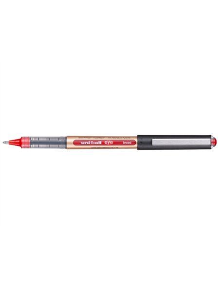 Roller uniball eye plastique recycle encre liquide ecriture large pointe metal coloris rouge.