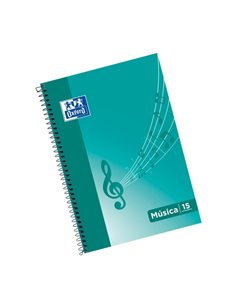 Cahier de musique à spirale Oxford, format folio, 20 feuilles - 15 portées, interligne de 2 mm - Couverture souple - Couleur men