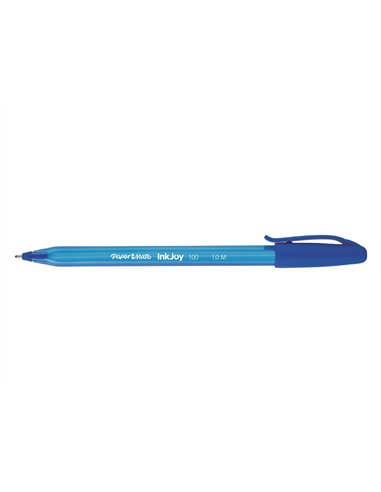 Stylo-bille paper mate inkjoy 100 écriture moyenne 0.7mm ultra douce corps triangulaire résiste bavures coloris bleu.
