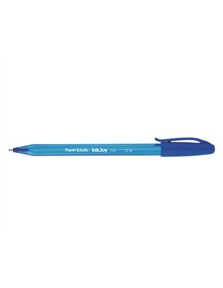 Stylo-bille paper mate inkjoy 100 écriture moyenne 0.7mm ultra douce corps triangulaire résiste bavures coloris bleu.