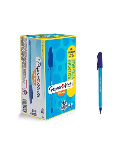 Stylo-bille paper mate inkjoy 100 écriture moyenne 0.7mm ultra douce corps triangulaire résiste bavures coloris bleu.