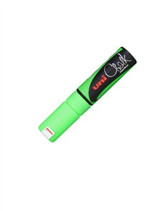 Marqueur craie uniball chalk pointe biseautee large 8mm ideale ardoise vitrine resiste pluie coloris vert fluo.