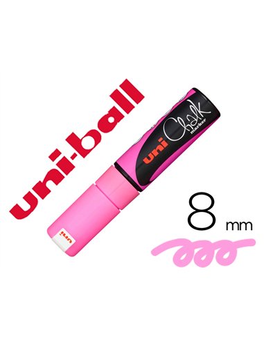 Marqueur craie uniball chalk pointe biseautee large 8mm ideale ardoise vitrine resiste pluie coloris rose fluo.