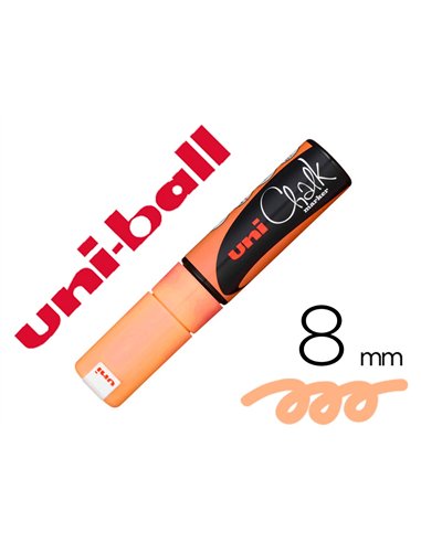 Marqueur craie uniball chalk pointe biseautee large 8mm ideale ardoise vitrine resiste pluie coloris orange fluo.