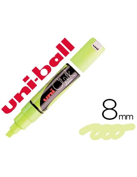 Marqueur craie uniball chalk pointe large biseautée tracé 8mm effaçable avec un chiffon humide coloris jaune fluo.