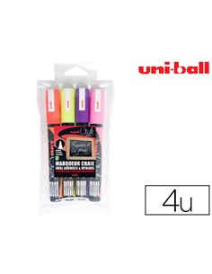Marqueur uniball craie chalk pointe fine 1.8/2.5mm craie liquide couleurs lumineuses pochette 4 unites.
