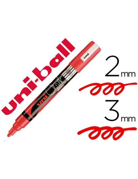 Marqueur uniball craie chalk pointe fine 2/3mm idéal ardoises vitrines résiste pluie couleur lumineuse rouge fluo.