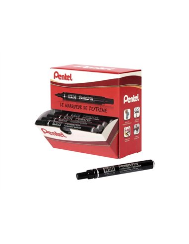 Marqueur pentel n50 permanent pointe ogive 4.3mm encre a solvant indelebile tous supports corps metal noir pack 36 uni.