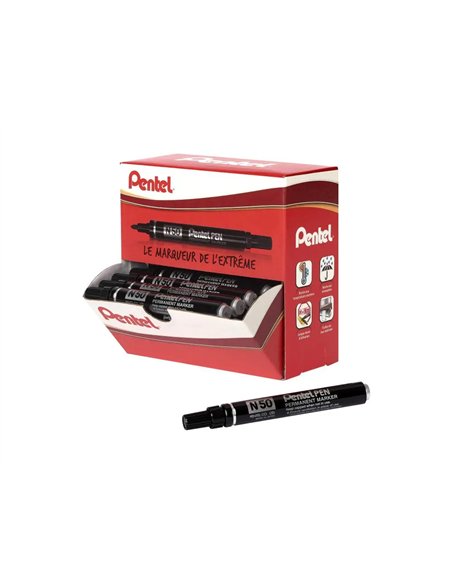 Marqueur pentel n50 permanent pointe ogive 4.3mm encre a solvant indelebile tous supports corps metal noir pack 36 uni.