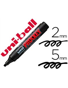 Marqueur uniball uni prockey permanent pointe biseautée tracé 2/5mm encre sans alcool corps plastique coloris noir.