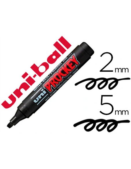 Marqueur uniball uni prockey permanent pointe biseautée tracé 2/5mm encre sans alcool corps plastique coloris noir.