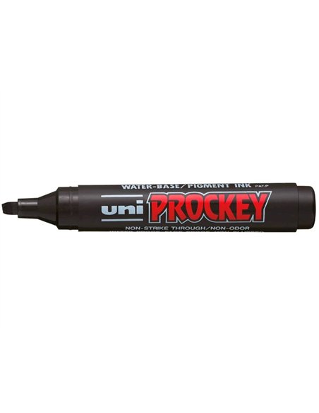 Marqueur uniball uni prockey permanent pointe biseautée tracé 2/5mm encre sans alcool corps plastique coloris noir.