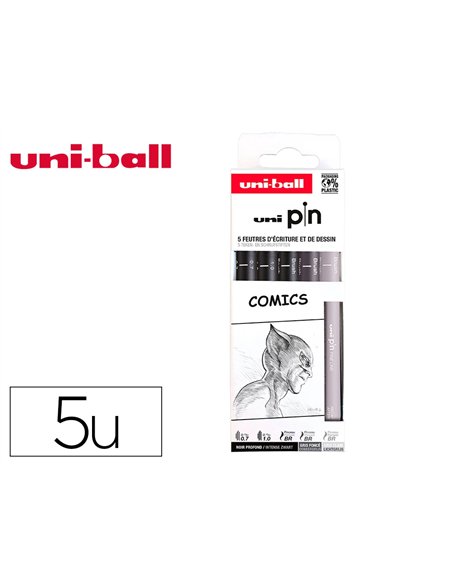Pochette uni-ball 5 feutres pointe calibree 0.7 gc/gf/n coloris noir.
