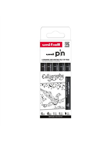 Feutre technique uniball theme calligraphy pointes calibrees assorties coloris noir pochette 5 unites.