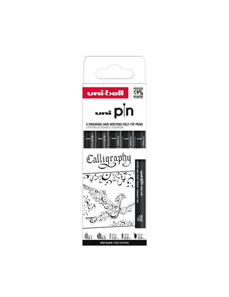 Feutre technique uniball theme calligraphy pointes calibrees assorties coloris noir pochette 5 unites.