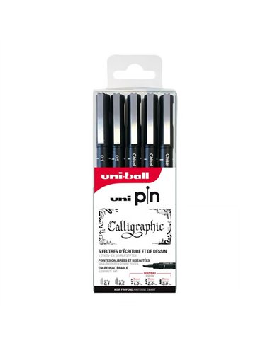 Feutre technique uniball theme calligraphy pointes calibrees assorties coloris noir pochette 5 unites.