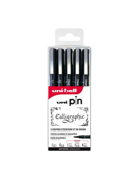 Feutre technique uniball theme calligraphy pointes calibrees assorties coloris noir pochette 5 unites.