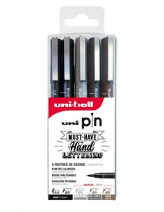 Pochette de 5 feutres techniques uni ball pin pointe calibree encre noir trace net et precis.