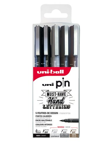 Pochette de 5 feutres techniques uni ball pin pointe calibree encre noir trace net et precis.