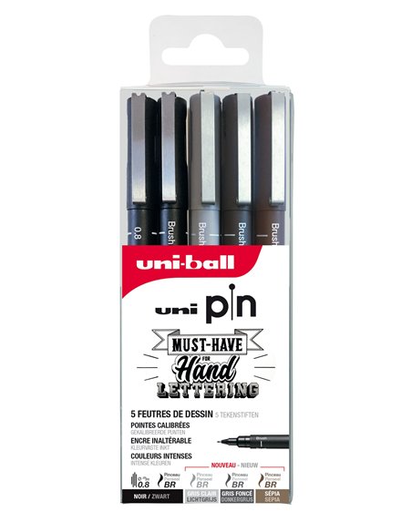 Pochette de 5 feutres techniques uni ball pin pointe calibree encre noir trace net et precis.