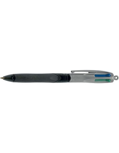 Stylo bille rétractable Bic 4 couleurs Grip Pro avec grip - Pointe moyenne 1 mm - Trait 0,4 mm - Encre à l'huile - Corps gris tr