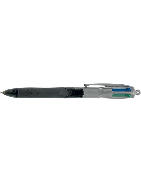 Stylo bille rétractable Bic 4 couleurs Grip Pro avec grip - Pointe moyenne 1 mm - Trait 0,4 mm - Encre à l'huile - Corps gris tr