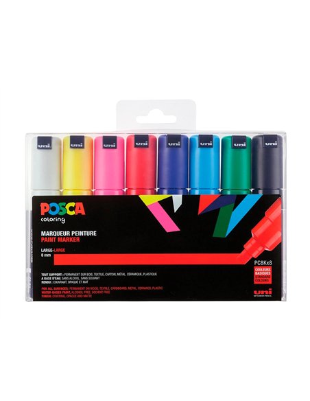 Marqueur posca pc8k gouache encre inodore toutes surfaces pointe large biseautée assortiment étui 8 unités.