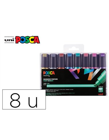Marqueur posca pc8k pointe biseautee trait 8mm coloris metallises assortis boite 8 unites.