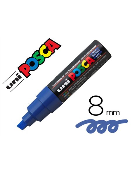 Marqueur posca pc8k base eau pointe biseautee large 8mm sans odeurs/alcool/solvant tout supports coloris bleu.