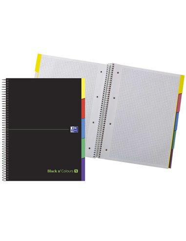 Cahier à spirales Oxford Black N'Colours Europeanbook A4+, 100 feuilles, quadrillage 5x5, couverture extra rigide et résistante,