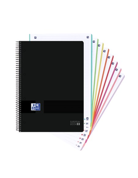 Cahier à spirale Oxford Europeanbook 8 Live & Go A4+, 160 feuilles, quadrillage 5x5, 8 bandes de couleur, couverture plastique r