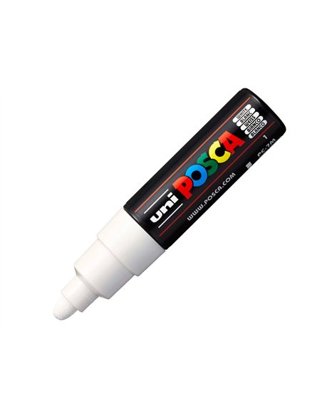 Marqueur peinture posca pc7m pointe large conique encre inodore couvrante miscible tous supports coloris blanc.