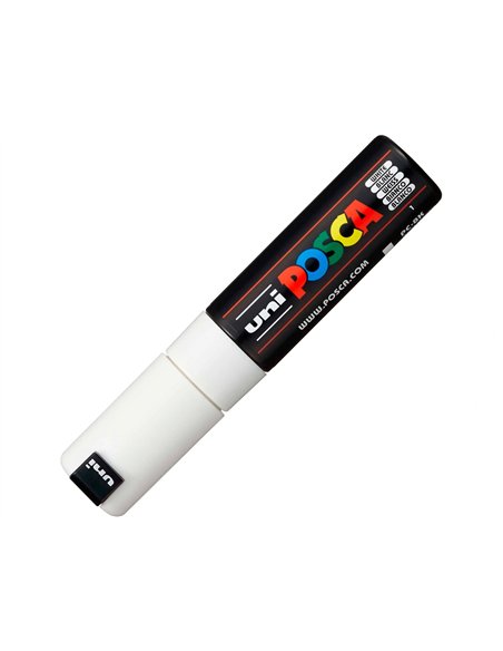 Marqueur peinture posca pc7m pointe large conique encre inodore couvrante miscible tous supports coloris blanc.