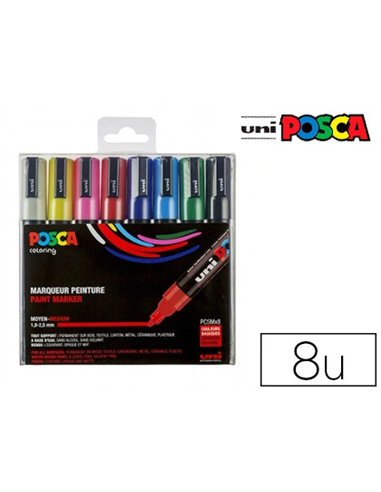 Marqueur posca pc5m gouache encre inodore toutes surfaces pointe moyenne conique coloris assortis étui 8 unités.